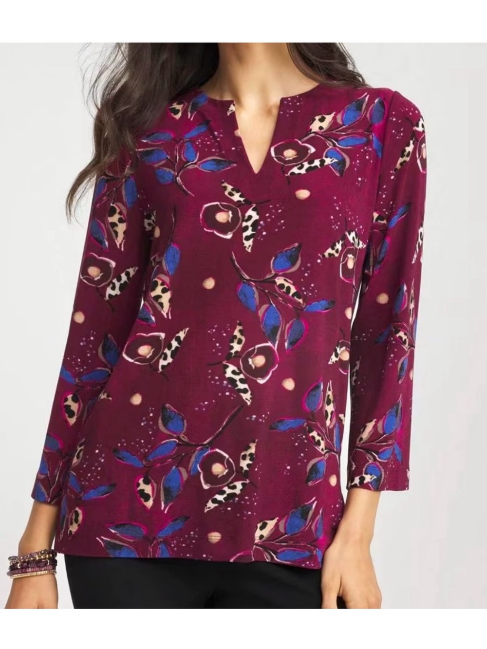 Chico’s Travelers Artisanal Toss Tunic Top Women’s Size L Colorful Stretch Knit
